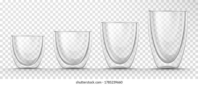 Vector realistic set of glass empty cups different sizes on transparent background. 3d glassware for coffee, tea, juice, bar beverage, alcohol drink. Double walled mugs mockup for restaurant, cafe. 