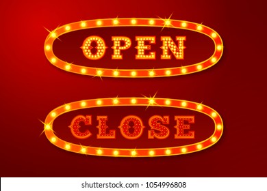 Vector realistic set of glowing Open and Close signs with lamps on red background.