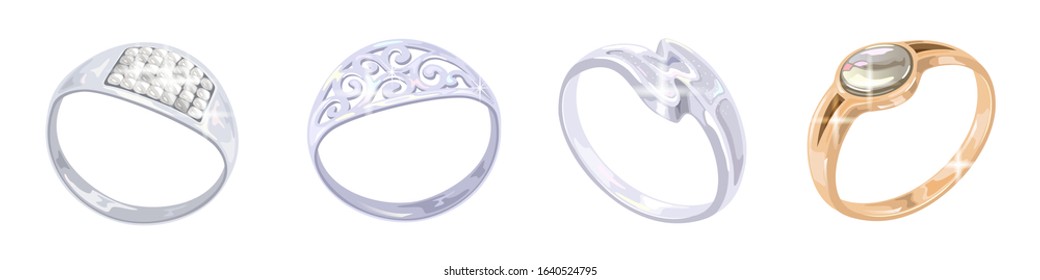 Vector realistic set with golden, silver, platinum rings in different style with and without gems, precious stones. Best accessories for engagement proposal, wedding, anniversary. Jewelry sale.