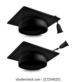 Vector realistic set of a graduate's hat on a white background with a tassel. Illustration of the graduate symbol