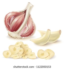 Vector realistic set with half head of garlic, peeled cloves and chopped slices, isolated on white background. Natural organic vegetable, spicy aromatic condiment, ingredient for eating and cooking