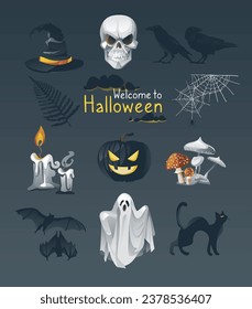 Vector realistic set of happy halloween elements hat, skull, crow, raven, pumpkin, ghost, spiderweb, mushrooms, candles, banner template isolated on background