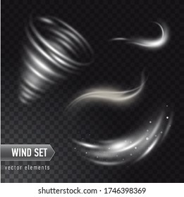 Conjunto de vectores realistas de nubes de viento o polvo muy detalladas aisladas sobre fondo transparente. Efecto del humo blanco, niebla, pulverización.
