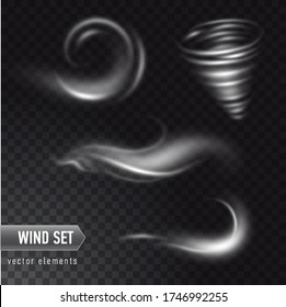 Vector realistic set of high detailed wind or dust cloud isolated on transparent background. Effect of white smoke, fog, spray.