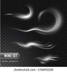Vector realistischer Satz von hoher detaillierter Wind- oder Staubwolke isoliert auf transparentem Hintergrund. Wirkung von weißem Rauch, Nebel, Spray.