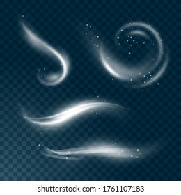 Vector realistic set of high detailed wind or dust cloud isolated on transparent background. Effect of white smoke, fog, spray.