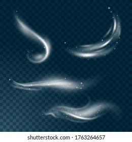 Vector realistic set of high detailed wind or dust cloud isolated on transparent background. Effect of white smoke, fog, spray.