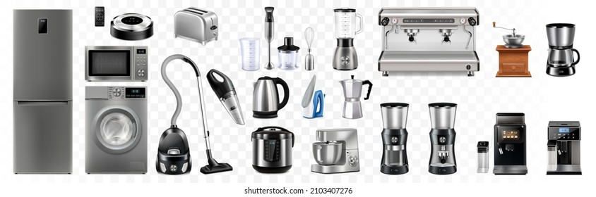 Vector realistic set of household and kitchen appliances isolated on white background. Microwave, refrigerator, washing-machine, toaster, multi-cooker, kettle, blender, robot vacuum cleaner, iron, cof