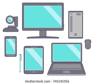 Vector realistic set of icon image laptop, tablet computer, monitor, CPU and web camera, mobile phone template isolated on white background. Electronic gadgets