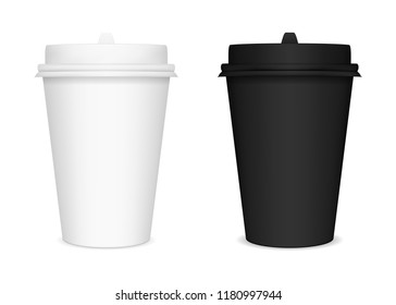 Vector realistic set of images (mockup, layout) of black and white closed paper cups for coffee (or other beverages) with lids. The image was created using gradient mesh. Vector EPS 10.