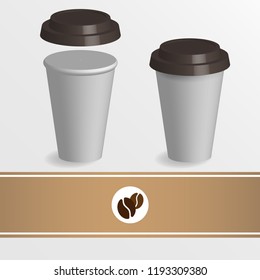 Vector realistic set of images (mockup, layout) of black and white closed paper cups for coffee (or other beverages) with lids.Takeaway cup packaging.Vector EPS 10.