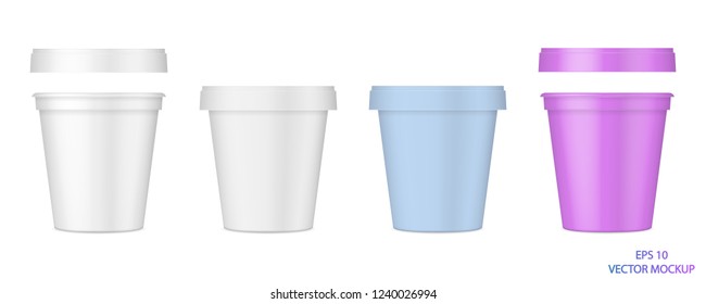 Vector realistic set of images (mockup, layout) of matt and glossy plastic packaging with a lid (cup) for food, beverages or cosmetics. EPS 10.
