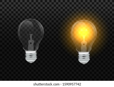 Vector realistic set with incandescent lamps, glowing yellow light bulbs, isolated on transparent background. Electric lightbulb. Vector illustration 