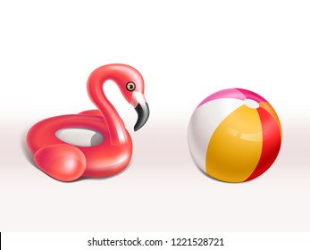 Vector realistic set of inflatable flamingo, pink rubber ring and ball for kids, cute fun toys for pool party isolated on background. Swim aids to help children float in water, equipment for swimming