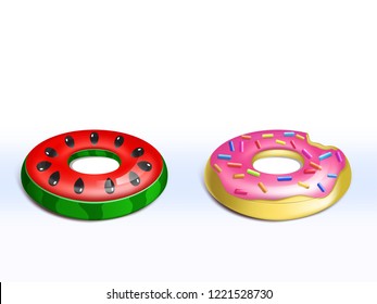 Vector realistic set of inflatable pink donut, rubber rings for kids, cute fun toys for pool party isolated on background. Swim aids to help children float in water, equipment for swimming in sea