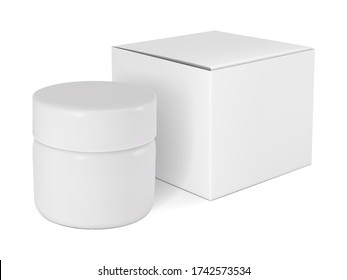 
Vector realistic set of isolated images (mockup, template) from plastic closed packaging for cream or other cosmetics and paper box. Perspective view. EPS 10