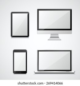 Vector realistic set : laptop, tablet computer, monitor and mobile phone with shadow,isolated on a white background.Electronic devices. High detailed.Template