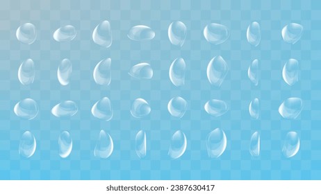 Conjunto vectorial realista de gota de agua líquida y gota con diferentes formas. Lágrimas de agua de condensación realista. Cerrar las gotas de agua frescas abstractas y gotitas sobre fondo transparente. Vector.