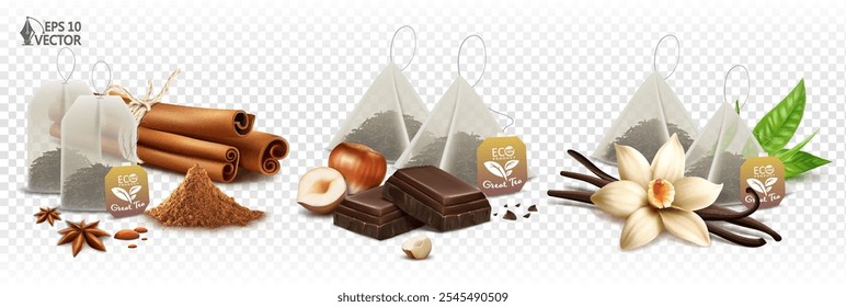 Vector realistic set of natural winter spices for mulled wine. Organic tea bags, brewing. Vanilla, chocolate flavor, cinnamon. Food illustration, packaging design element