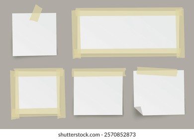 Vector realistic set of note papers with adhesive tapes on transparent background.