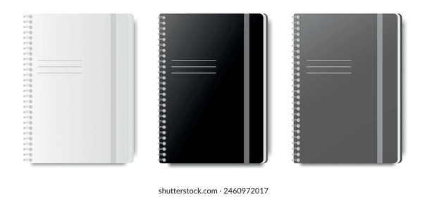 Vector realistic set of notepad templates, white, gray, black closed blank notepad isolated on white background. Design of notebook with eraser for layout, printing, logo and other stationery.