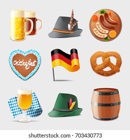 Vector realistic set of oktoberfest icons isolated on white background. German food and drink symbol festive mugs of light beer sausages barrel and loaf