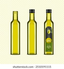 Vector realistic set of olive oil glass bottle. Organic extra virgin olive oil bottle with label. Package mockup design element.