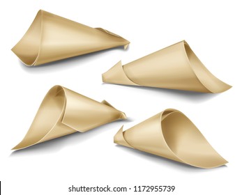 Vector realistic set of paper cone bags. Hand made packaging for snacks, street food, gifts and souvenirs, flowers and festive confetti twisted from kraft paper