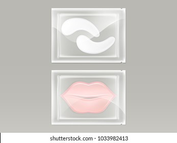 Vector realistic set of patches for lips and eyes, with hydrogel, in transparent disposable sachet isolated on background. Cosmetic product for skin care and treatment, mockup for packaging design