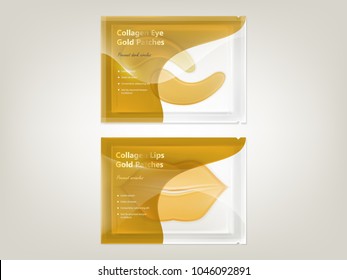 Vector realistic set of patches for lips and eyes with gold and collagen, in disposable sachet isolated on background. Exclusive cosmetic product for skin care and treatment, mockup for package design