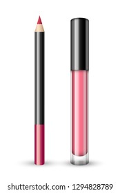 Vector realistic set of pink lip pencil and lip gloss isolated on white background