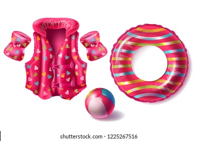 Vector realistic set with pink rubber ring, life jacket and armbands with pattern, inflatable beach ball for kids isolated on white background. Equipment for swimming and playing in pool and sea