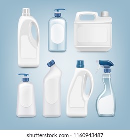 Vector realistic set of plastic white bottles with blank labels, packing template detergent products packaging package pack transparent isolated on blue background