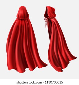 Vector realistic set of red cloaks with hood, flowing silk fabrics isolated on white. Satin wavy materials, drapery. Carnival clothes, decorative costume for superhero, vampire, cape for illusionist