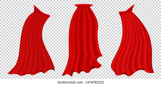 Vector realistic set of red cloaks, flowing silk fabrics isolated on white background. Carnival clothes, decorative costume for superhero, vampire. Vector illustration eps 10.