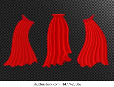 Vector realistic set of red cloaks, flowing silk fabrics isolated on white background. Carnival clothes, decorative costume for superhero, vampire. Vector illustration eps 10.