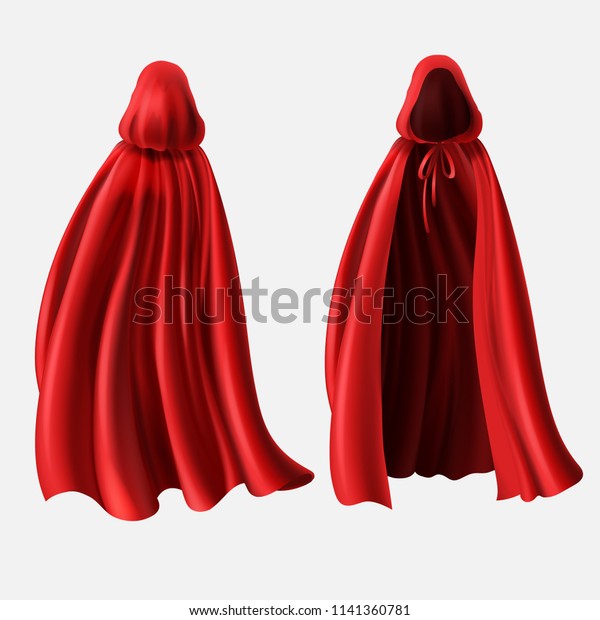 白い背景に赤いマントとフードのベクター画像のリアルなセット カーニバルの服 派手なドレス スーパーヒーローの仮装服 ヴァンパイア 絹のケープを使ったモックアップ 正面と背面 のベクター画像素材 ロイヤリティフリー