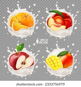 Vector realistic set of ripe tropical fruits in fresh milk or yogurt splash with drops. Peach, mango, orange milkshake. 3d food illustration