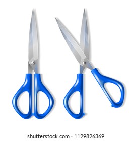 Vector realistic set of scissors with blue plastic handles, with open and closed blades, isolated on background. Professional cutting tool for tailors and barbers, metal instrument for hobby and craft