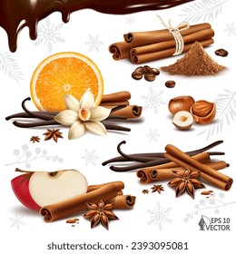 Vector realistic set of seasonal spices and fruits. Cinnamon and vanilla sticks. Christmas decoration, set for mulled wine. 3D food illustrations for design and advertising