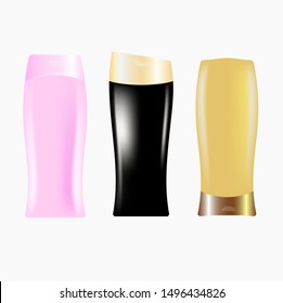 Vector realistic set of shampoos, gels, creams. cosmetic bottles. pink, black and yellow. Cosmetic plastic packaging for design. different modern forms. 3d template. Vector illustration.