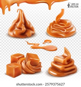 Vector realistic set of soft caramel cream, toffee cubes, various design options. Confectionery elements. 3D food illustration isolated on white background for packaging and design