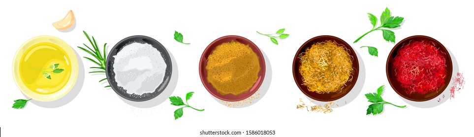 Vector realistic set with spices, rubs for vegetarian, meet, fish dishes garnished greenery. Condiments are in small bowls mustard, salt, chicken curry, saffron, red paprika, onion. Top view.