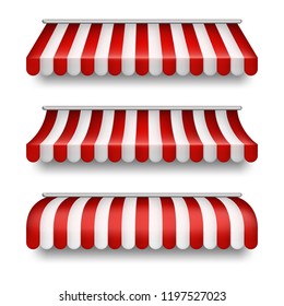 Vector realistic set of striped awnings isolated on background. Clipart with red and white tents, textile roofs for retail shops, markets, street fast food cafe. Decorative element for your design