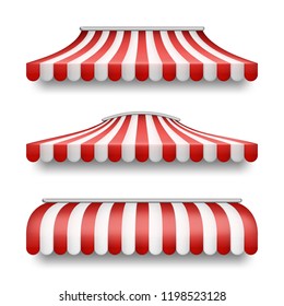 Vector realistic set of striped awnings isolated on background. Clipart with red and white tents, textile roofs for retail shops, markets, street fast food cafe. Decorative element for your design