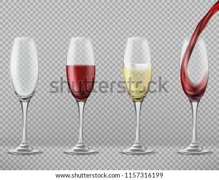 Vector realistic set of tall glasses empty, with pouring red wine, white merlot or champagne isolated on transparent background. Clipart of wineglasses, glassware for alcoholic drinks or cocktails