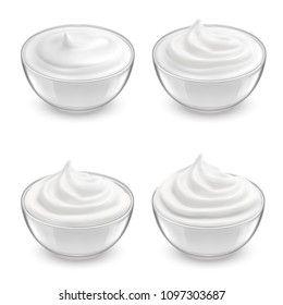 Vector realistic set of transparent bowls with white sour cream, mayonnaise, yogurt, sweet dessert, mousse or soft cheese. Glass cups with cosmetic product for skincare isolated on background