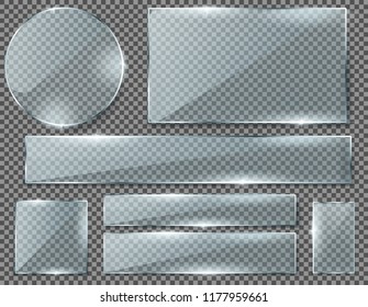 Vector realistic set of transparent glass plates, blank shining frames isolated on background. Collection of clear banners in different shapes with glossy effect. Clipart for your design