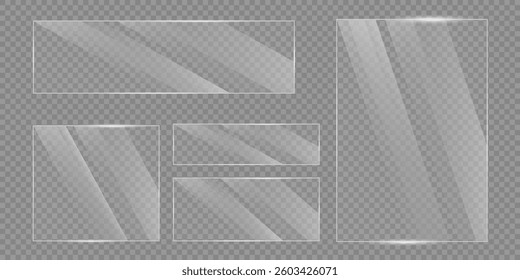 Vector realistic set of transparent glass plates, empty shining frames isolated on background.
