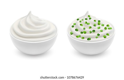 Vector realistic set of two ceramic bowls with white sour cream, yogurt, sauce tartar, soft cheese, mayonnaise with sliced green chives isolated on background. Natural condiment for eating and cooking